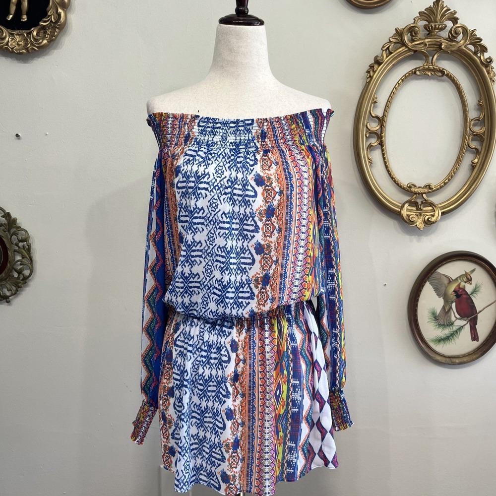 Ramy Brook Printed Off-Shoulder Smocked Waist Romper Dress XS - Picture 1 of 8